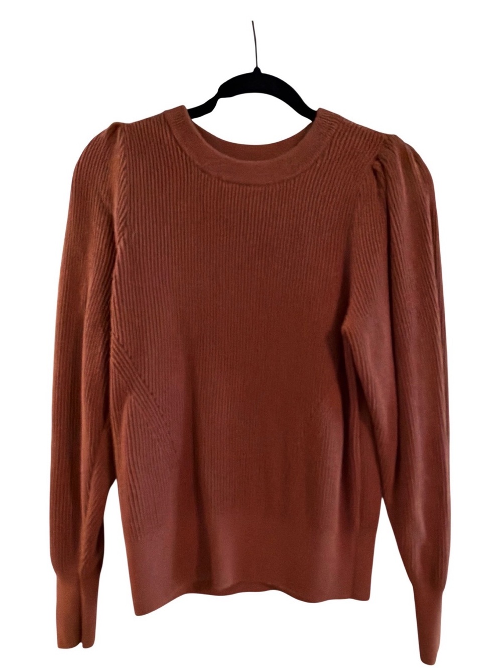 NWOT Abercrombie & Fitch Ribbed Puff-Sleeve Crew Sweater - Rust Brown